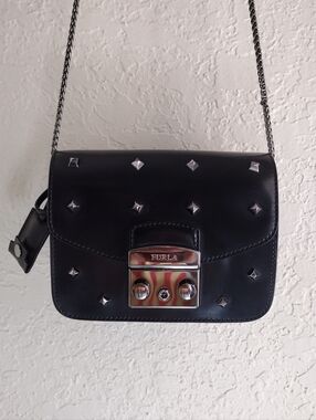 Furla Black Glossy Leather and Suede Studded Metropolis Bag